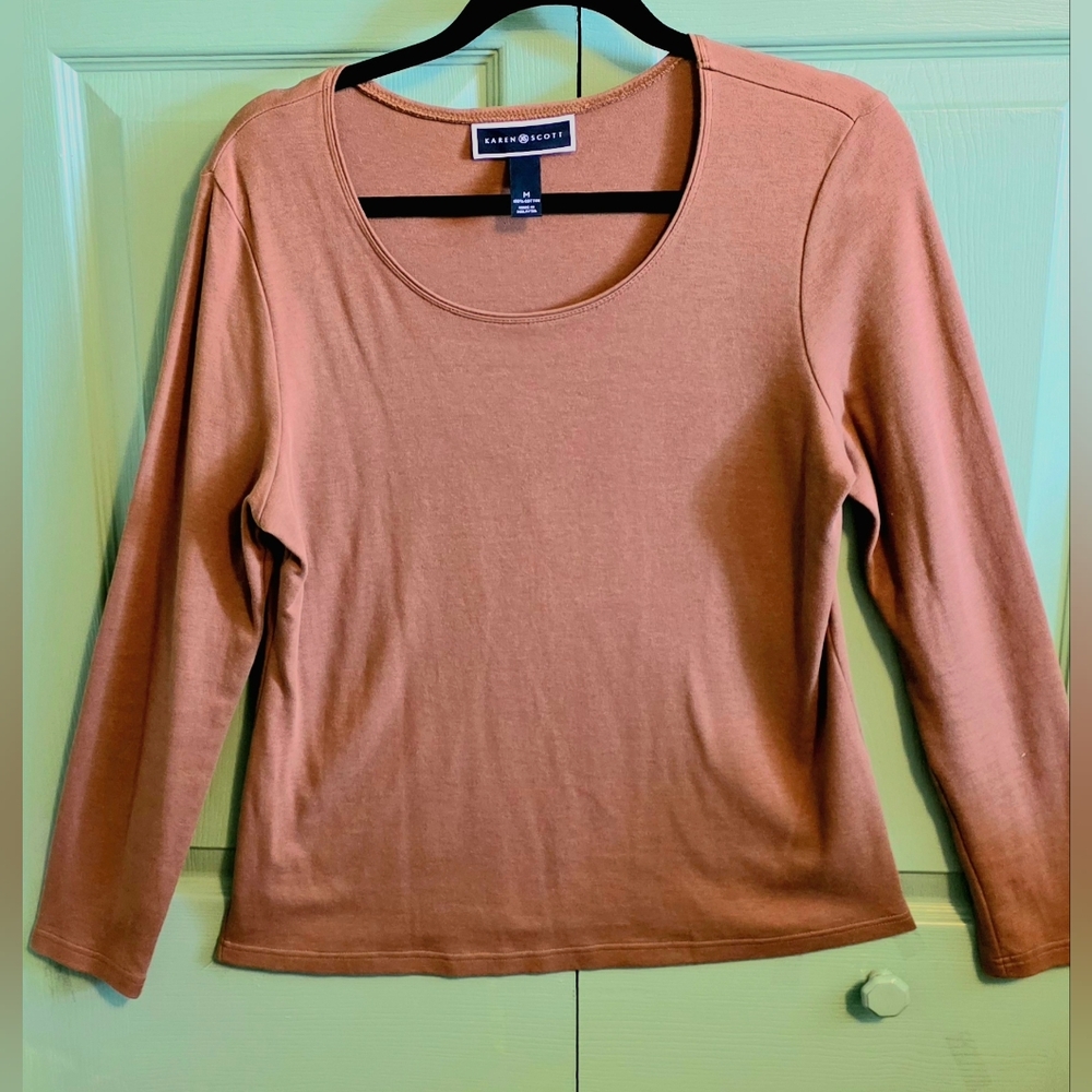Karen Scott Long Sleeve Pullover Shirt In Medium  Brown (Size L)